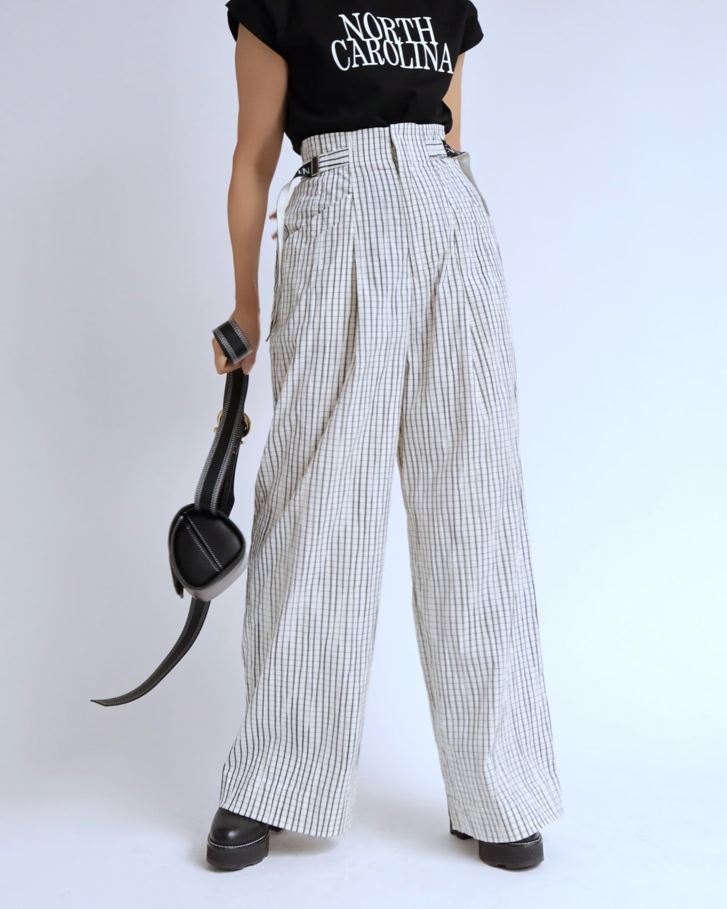 チェック ベルテッド ワイドパンツ