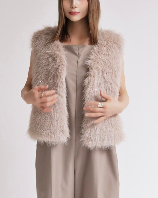 グリッターフェイクファーノーカラーベスト