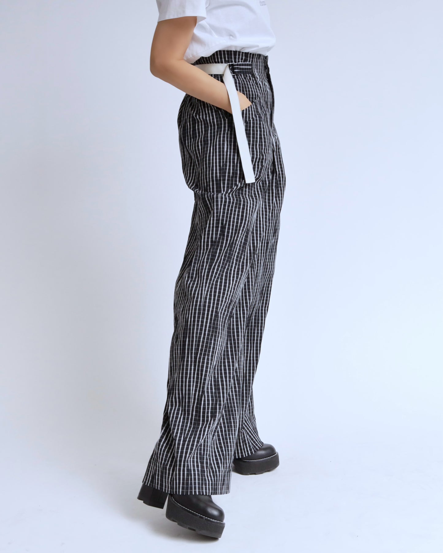 チェック ベルテッド ワイドパンツ