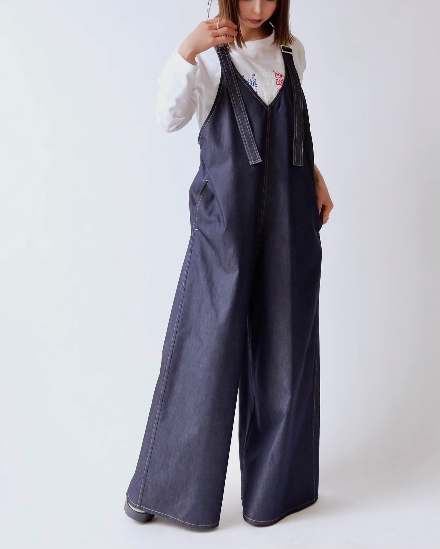 V サスペンダー ワイドサロペット