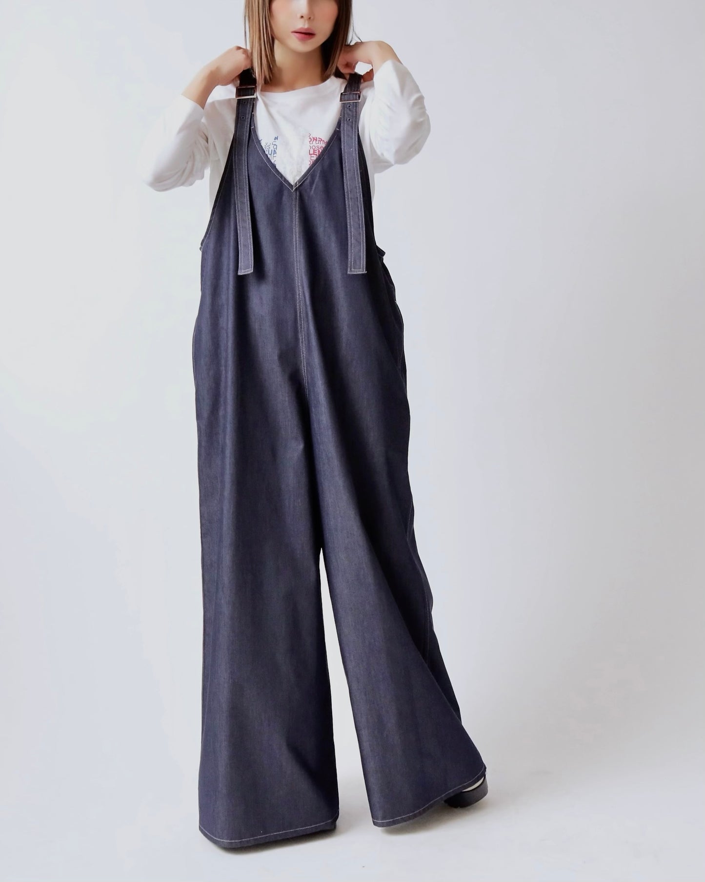 V サスペンダー ワイドサロペット