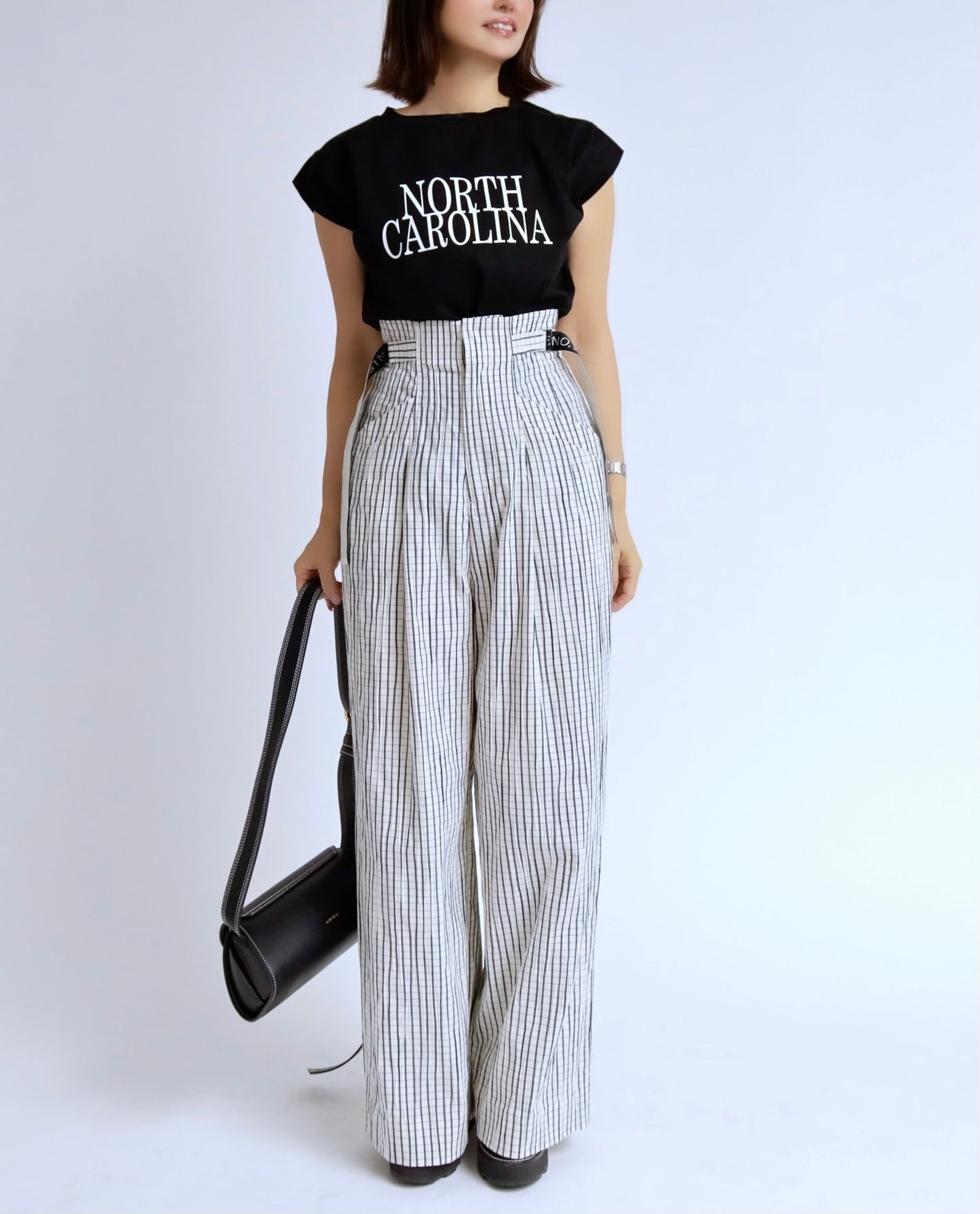 チェック ベルテッド ワイドパンツ