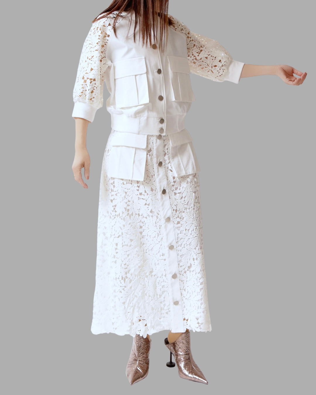 レースミックスフロントボタンスカート