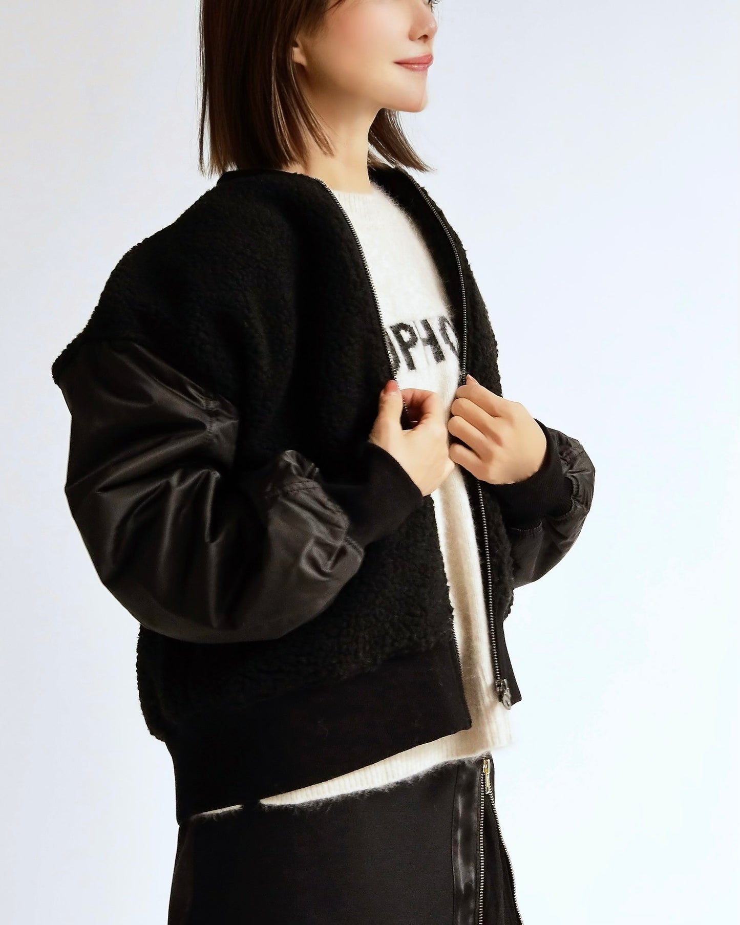 ボア×ナイロン コンビブルゾン