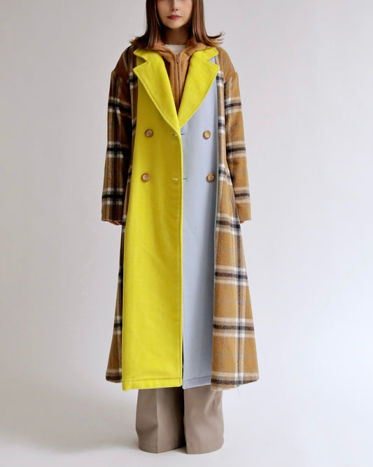 ハーモニーカラーブロック・チェックロングコート