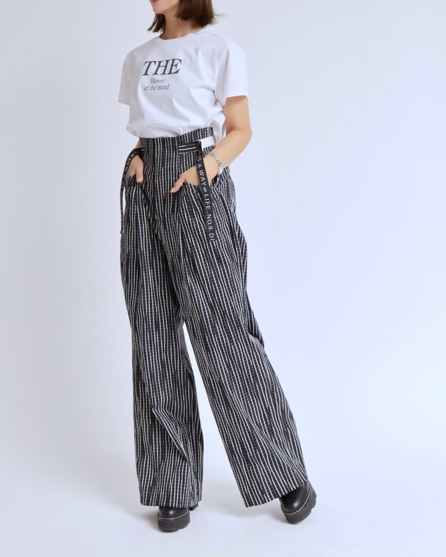 チェック ベルテッド ワイドパンツ