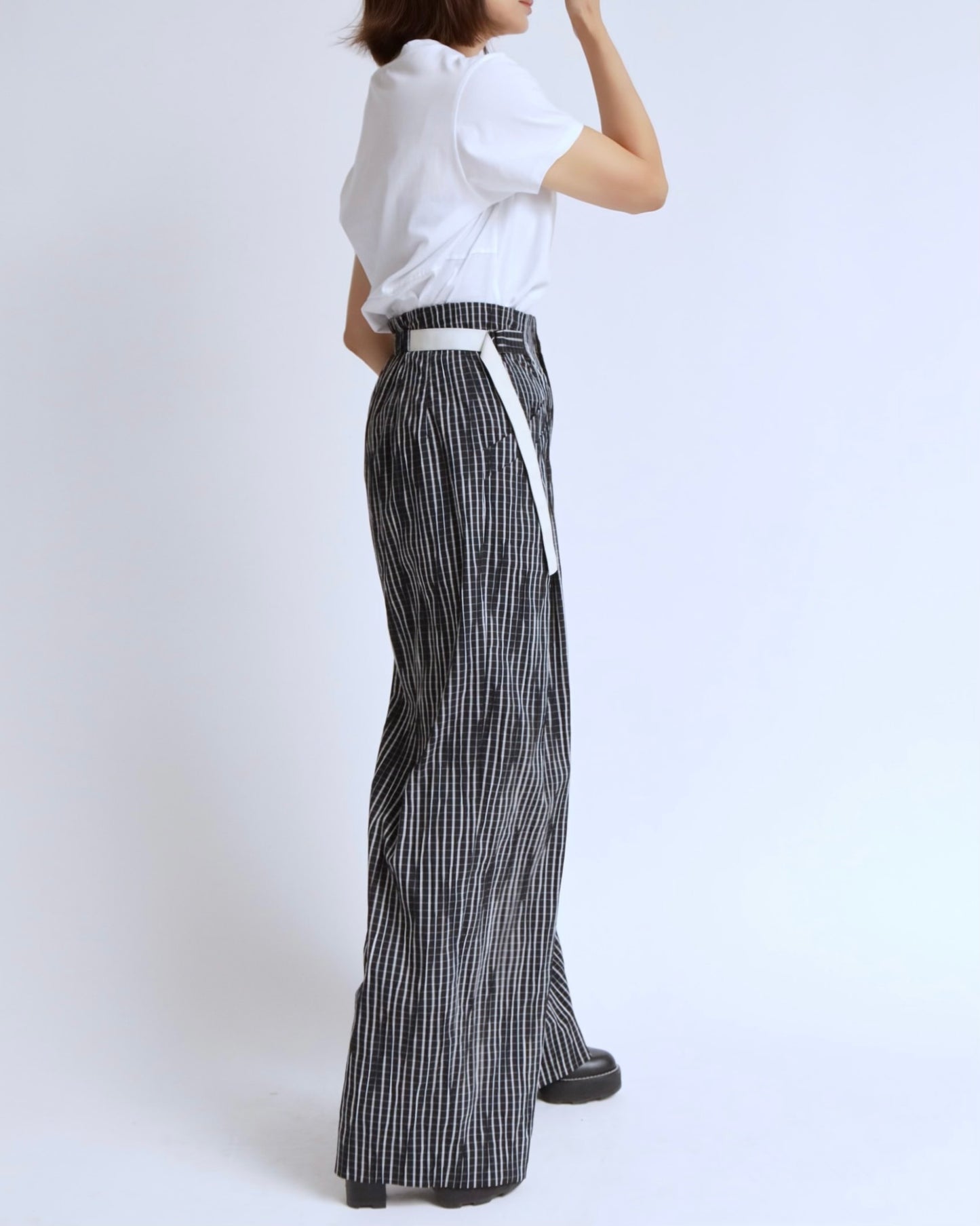 チェック ベルテッド ワイドパンツ