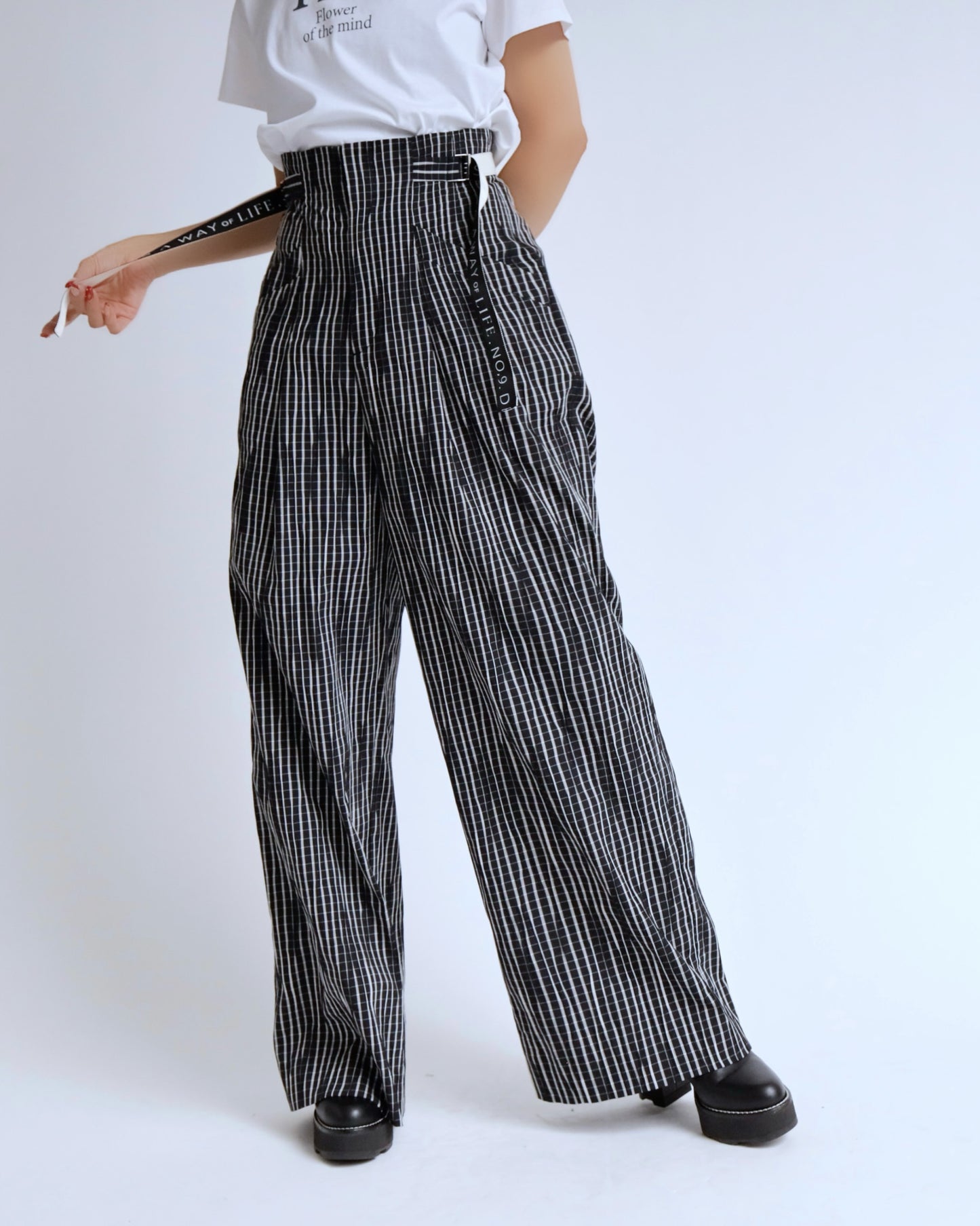 チェック ベルテッド ワイドパンツ