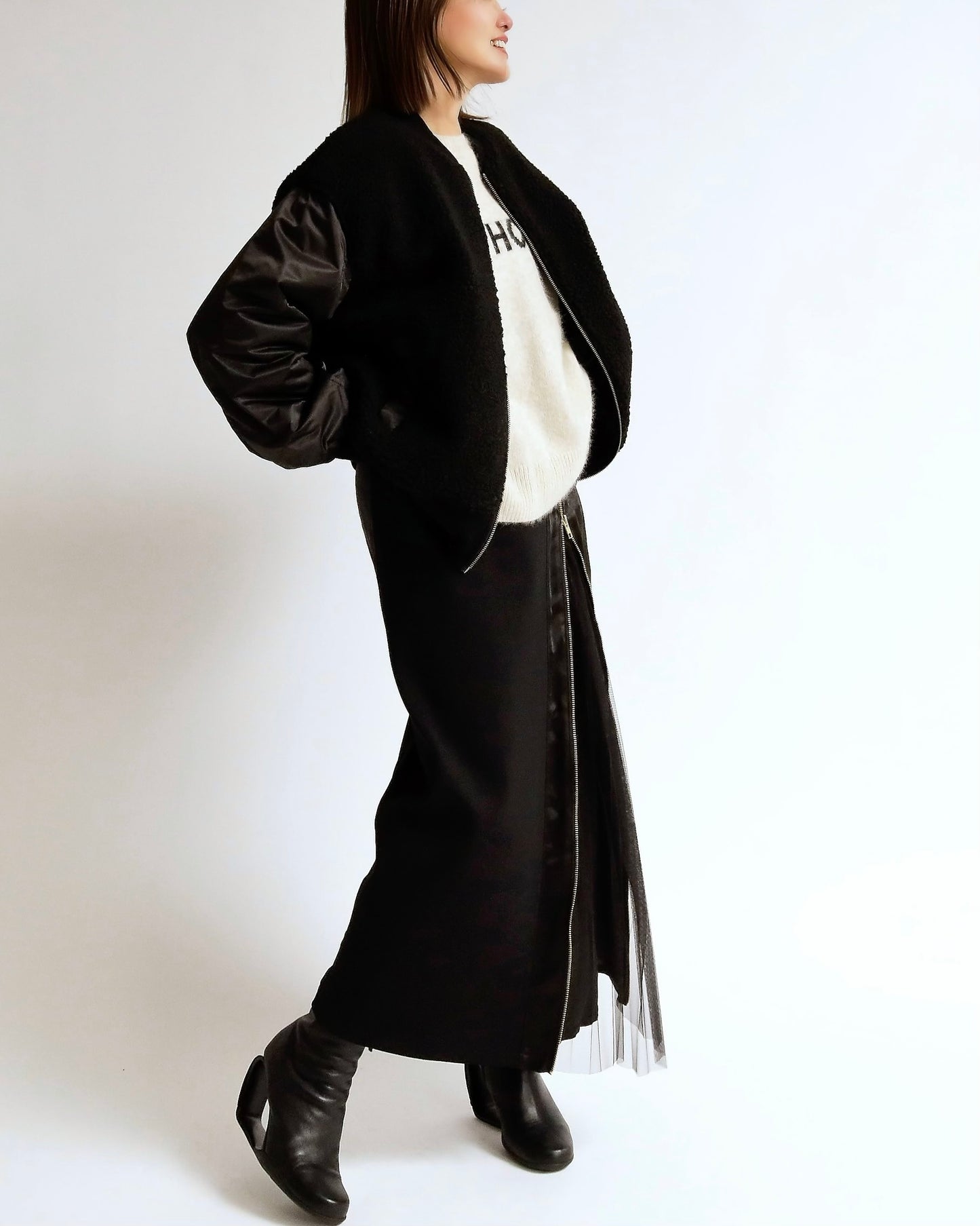 ボア×ナイロン コンビブルゾン