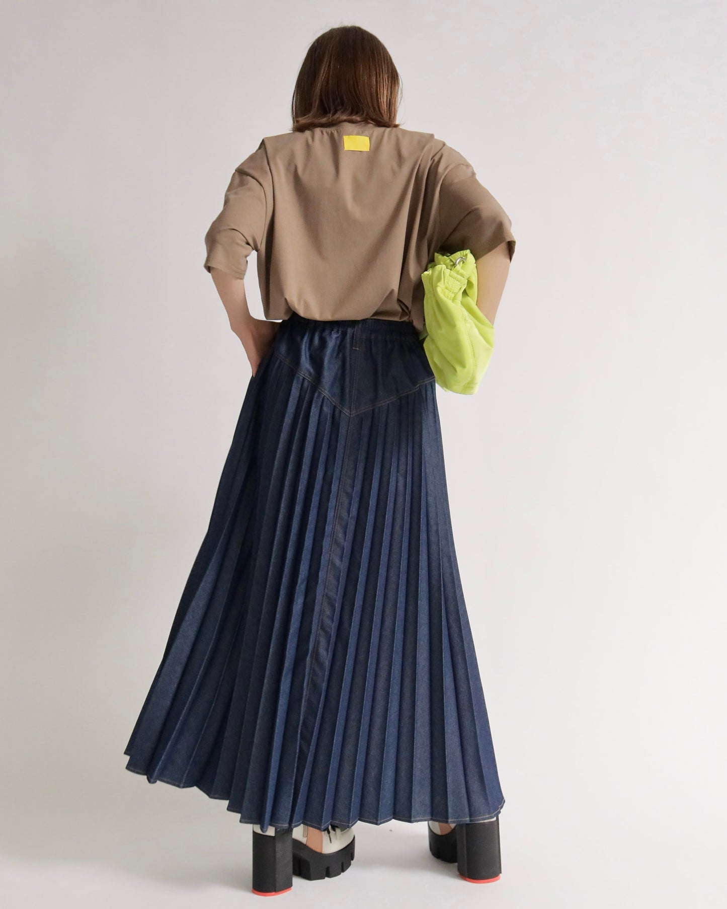 デニムプリーツフレアロングスカート