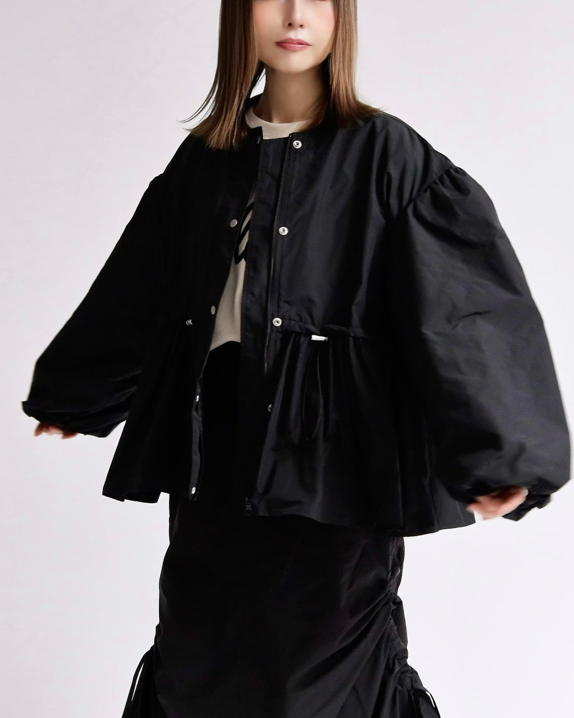 ボリュームスリーブノーカラーブルゾン